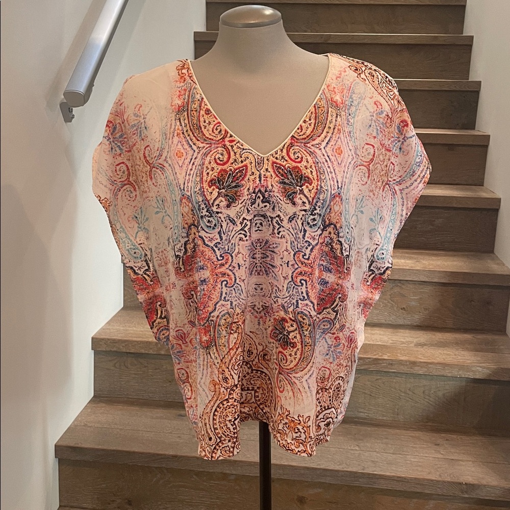 Blue and Orange Cap Sleeve Relaxed Blouse